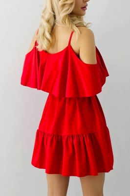 Rochie de zi StefANA, croiala scurta, decupata, cu volane, Rosu, Marime S/M/L 5 spate