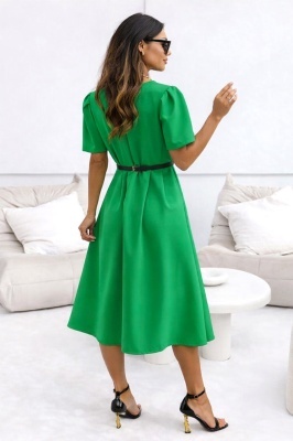 Rochie de zi SOREYA, cu maneca bufanta si curea subtire, Verde, Marimea S/M detaliu spate