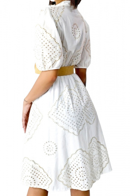 Rochie din bumbac Moana, cu guler tunica si curea asortata, Alb, Marime S/M/L spate