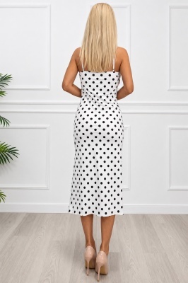 Rochie eleganta cu buline, NOELLA, snur lateral si cupe buretate, ALB, Marime S/M, detaliu spate