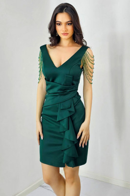 Rochie eleganta Larisa, cu siraguri din cristale si falduri decorative, Verde imperial 2