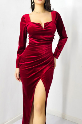 Rochie eleganta Velvet, din catifea si croiala lunga, petrecuta, Rosu bordo, Marime S/M 3