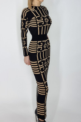 Rochie lunga bandage, Felicia, bej-negru4