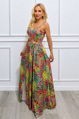 Rochie lunga Camelea, imprimeu floral, spatele gol si funda, GREEN Pastel Bouquet, Marime S/M