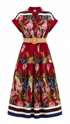 Rochie lunga Celiane, imprimeu floral de zi si curea, Red Tulip, Marime universala  detaliu