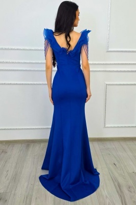 rochie lunga albastru royal eleganta cu volane din tull