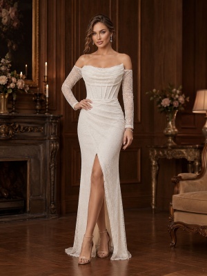 Rochie alba de seara lunga cu corset, dantela semitransparenta si crapatura ampla