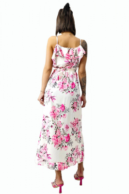 Rochie lunga Georgia, cu crapatura pe picior, Bujori roz/alb, Marime S/M spate
