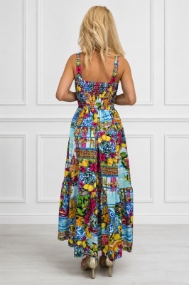 Rochie maxi Melania cu imprimeu fructat si croiala in clos albastru