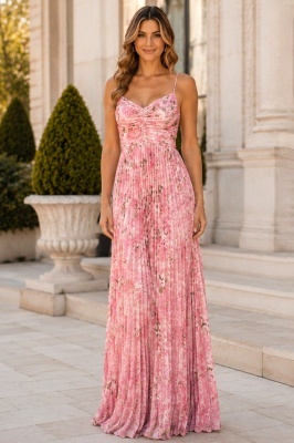 Rochie lunga plisata NYSA, cupe buretate si legare spate, Roz Hortensia, Marime S/M