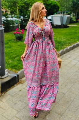 Rochie lunga Ylinca, cu mătase artizanală si rejansa elastica in talie, Roz, Marime S/M/L 5