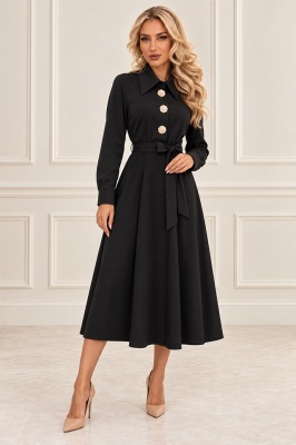 Rochie midi tip camasa OREVIA, cu cordon in talie si nasturi decorativi aurii, Negru, Marime One Size S/M