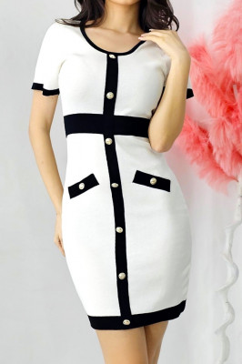 Rochie office Diana, tricot, cu buzunare decorative si maneca scurta, Alb, Marime S/M 2