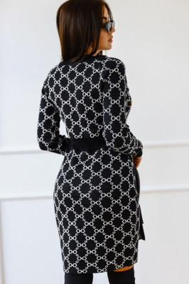 Rochie office Saray, tricot, conica, stilizata cu nasturi metalici si imprimeu deosebit, Negru1