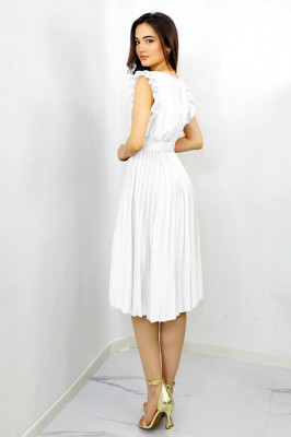 Rochie plisata midi, Elenor, cu volanase si curea asortata, Alb, Marime universala S/M4