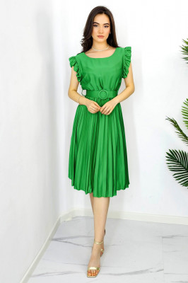 Rochie plisata midi, Elenor, cu volanase si curea asortata, Verde deschis, Marime universala S/M1