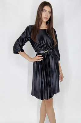 Rochie midi Glossy, cu efect plisat si curea inclusa, Negru1