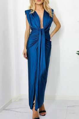 Rochie satinata Ilaria, croiala conica si decolteu adanc, Albastru marin, Marime S/M 2