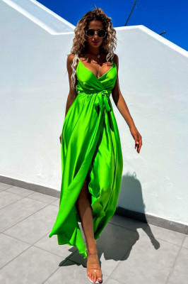 Rochie satinata Jhade, croiala decupata, cordon si bretele subtiri, Verde deschis, Marime S/M
