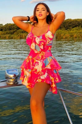 Rochie scurta AUGUSTina Print, cu imprimeu si volane asimetrice, Fucsia Baroness, Marime S/M 1