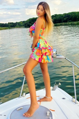 Rochie scurta AUGUSTina Print, cu imprimeu si volane asimetrice, Orange Countess, Marime S/M spate