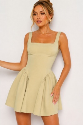 Rochie scurta babydoll MARA, cu spatele gol si funda, Bej, Marime S/M/L