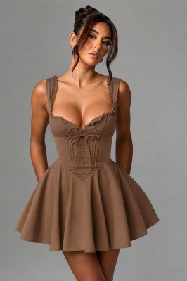 Rochie scurta babydoll SELVIA, cu nasturi si croi corsetat reglabil, Maro Ciocolata, Marime S/M