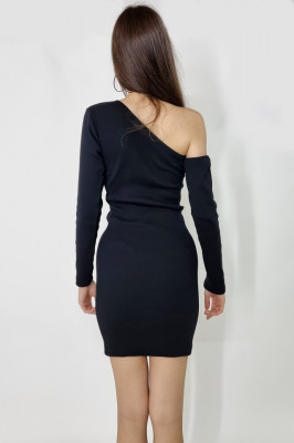 Rochie scurta bodycon Pierce, cu decolteu asimetric si umarul gol, Negru2