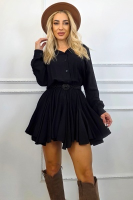 Rochie scurta cu volane Peonette, maneca lunga si curea, Negru, Marime S/M