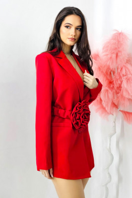 Rochie tip sacou Daniela, decolteu amplu si curea cu detaliu floral oversize, Rosu, Marime S/M 1