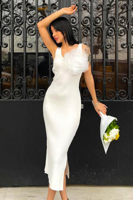 Rochie tricot Shariza, cu slit adanc si detaliu floral oversize, Alb, Marime S/M 3