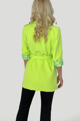 Sacou lung Petta, croiala asimetrica, cordon asortat si buzunare decorative, Verde neon, Marime universala S/M/L3