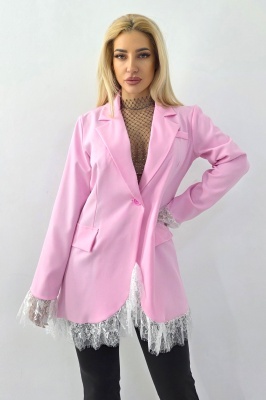 Rochie roz scurta tip sacou, cu detalii din dantela