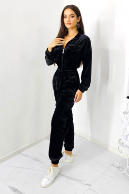 Salopeta din catifea Ximena, cu snur in talie si buzunare oversize, Negru 2