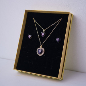 Set accesorii Danser a Deux, din inox, cu cercei, pandativ cu pietre si sirag cu doua lanturi, in cutie eleganta, Gold Heart Mov 2