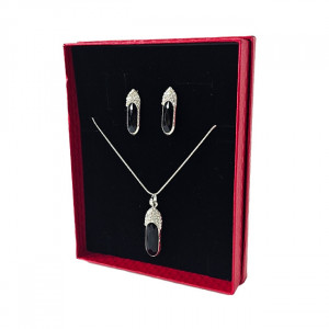 Set accesorii Feeling, din inox, cu cercei, lantisor si pandativ cu cristale, in cutie eleganta, Trust argintiu/negru 3