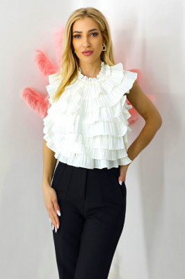 Top elegant Genna, cu spatele gol si volane plisate, Alb, Marime S/M