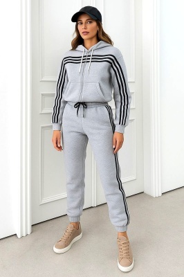 Trening cu gluga VELORA, vatuit, bluza cu fermoar si pantaloni, Gri
