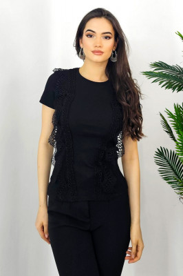 Tricou dama Abe, cu rejansa din dantela si textura striata, Negru, Marime universala S/M4
