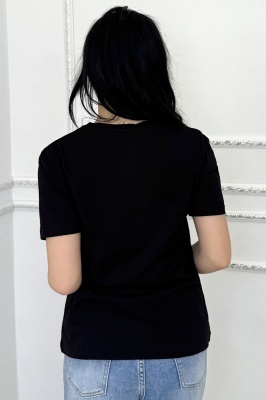 Tricou de dama din bumbac, Lumiberet cu pietre si imprimeu, Negru detaliu spate