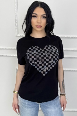 Tricou de dama din bumbac, Lumiheart cu pietre si imprimeu inima, Negru