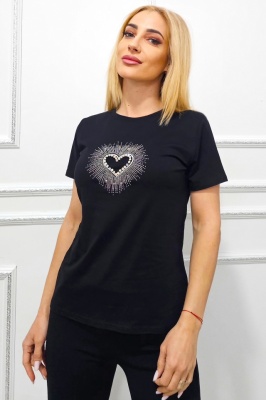 Tricou de dama imprimat AMOO, cu cristale artizanale mari, Rays Heart Negru