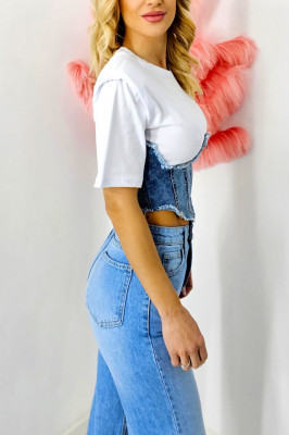 Tricou tip bustiera Khena, cu panou din denim si umeri evidentiati 1