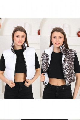 Vesta scurta de fas Yang, cu doua fete si fermoar, Alb/Leopard 4