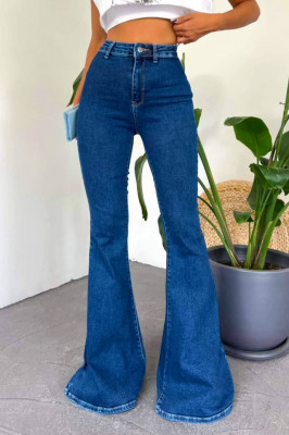 Blugi dama Merida, cu super elastan si lungime oversize evazata, Albastru inchis
