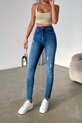 Blugi dama, NARY, croiala elastica boyfriend cu talie inalta, Albastru 4