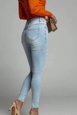 Blugi dama skinny, Harry, cu talie inalta, perforatii asimetrice cu insertii decorative si textura elastica, Albastru2