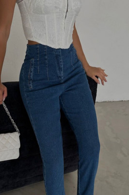 Blugi dama YoKo, slimfit cu talie inalta si buzunare decorative, Albastru denim 3