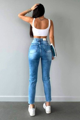 Blugi elastici dama LERDO, croiala mom slimfit cu perforatii, Albastru deschis spate