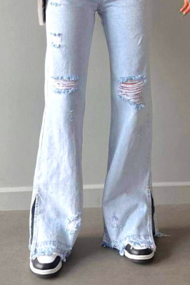 Blugi denim MonTery, fara textura elastica, cu slit scurt pe picior si perforatii multiple 3